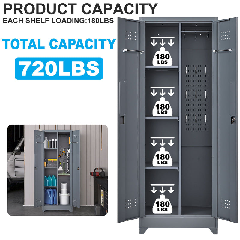 Heavy Duty Storage Cabinet With Locking Doors, Hanging Rod & Shelves, Broom Closet - Gray