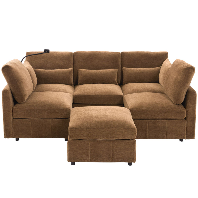 Modern Modular U-Shaped Sofa Bed With Movable Ottoman, USB Ports, Phone Holder