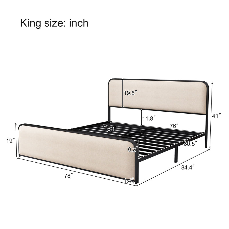 Modern Bed With Curved Upholstered Headboard And Footboard, Heavy Duty Metal Slats