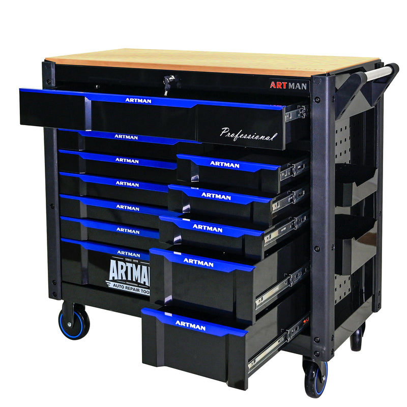 12 Layer Drawer Multi Purpose Tool Cart With Wheels And Wooden Countertops - Black / Blue