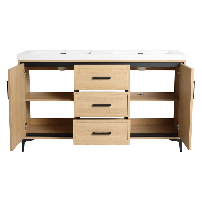 Original 60" Freestanding Bathroom Vanity With Double Resin Sink Plywood Soft Closing Doors & Drawers - Oak