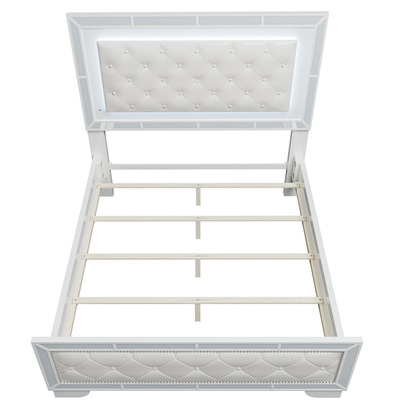 Eastern King Size Bed With LED Lights And Mirror Trim - Cream / Ivory