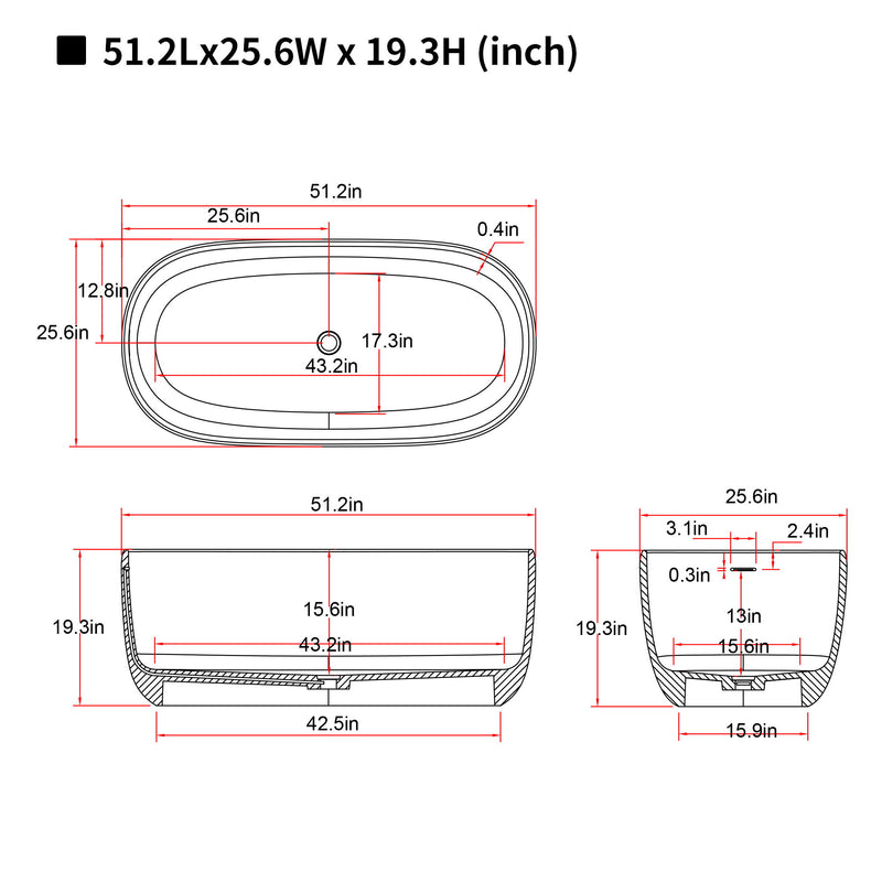 Freestanding Bathtub Resin Stone Soaking Bathtub Solid Surface Modern Tubs With Overflow And Pop-Up Drain - Matte White
