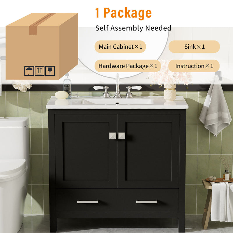 Bathroom Vanity With Sink, Soft Close Doors, Double Shelves & Divided Drawer