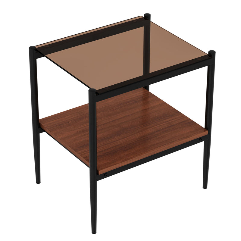 Modern Rectangle End Table (Set of 2) With Tempered Glass Tabletop And Layer - Brown
