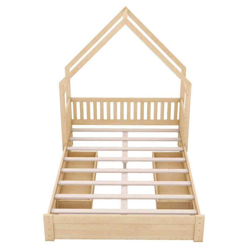 House Style Platform Bed With Guardrail And 2 Drawers