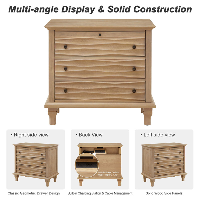 Nightstand With Charging Station, Bedside Table, 3 Drawers, USB And Type - C Ports