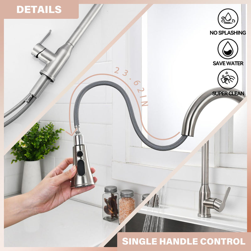 Stainless Steel High Arc Kitchen Faucet With Pull Down Sprayer - Brushed Nickel