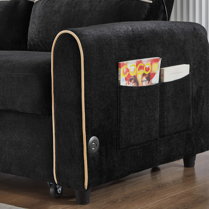 Pull Out Sofa Bed With Adjustable 3 Position Backrest, USB Charging Ports, Side Pockets