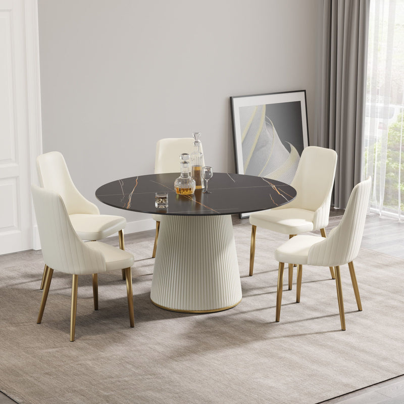 Modern Artificial Stone Round Plywood Base Dining Table, Can Accommodate 6 People, (Not Including Chairs) - Black / Beige
