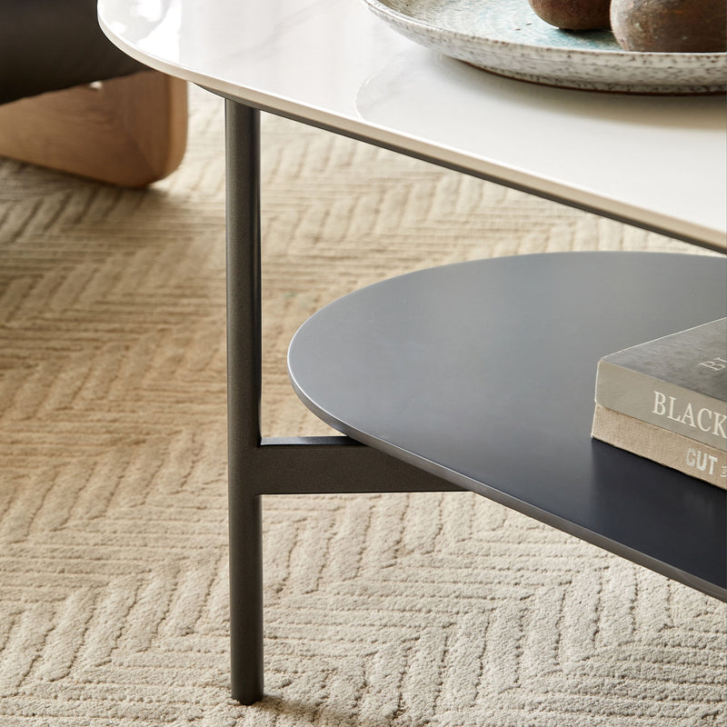 Contemporary Coffee Table Sintered Stone Surface With Ceramic Finish Double Layer Design Base Matte Shelf Modern Living Room Center Table - White / Gray