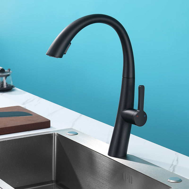 Elegant Single Handle Stainless Steel Pull Out Kitchen Faucet With High Arch Spout