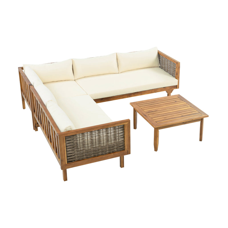 Premium Outdoor Sofa Set With Waterproof Cushions Sectional Seating Group With Acacia Wood And Wicker - Brown Mix / Beige