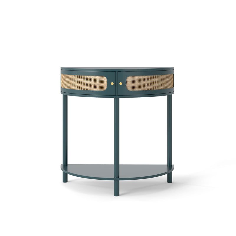 Boho Rattan Semi Circle End Table With Sliding Rattan Door, Storage And Bottom Shelf