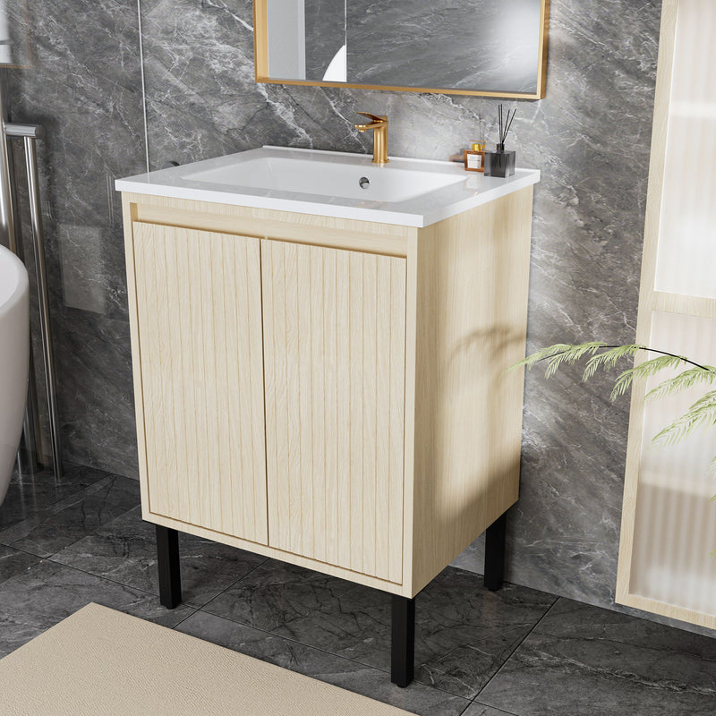 Bathroom Vanity With Ceramic Sink, Floor-Standing Design, Soft-Closing Drawers