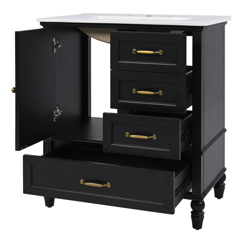 30" Bathroom Vanity With Sink, 3 Drawers, Adjustable Feet