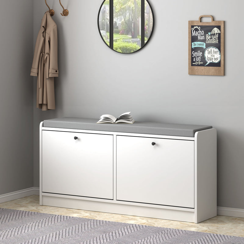 Shoe Storage Bench With Cushion, Entryway Organizer Cabinet For Hallway - White