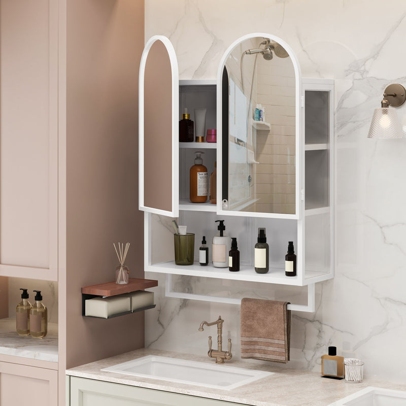 Double Arched Mirror Wall Cabinet With 2 Doors, Featuring Adjustable Shelves And Towel Rack