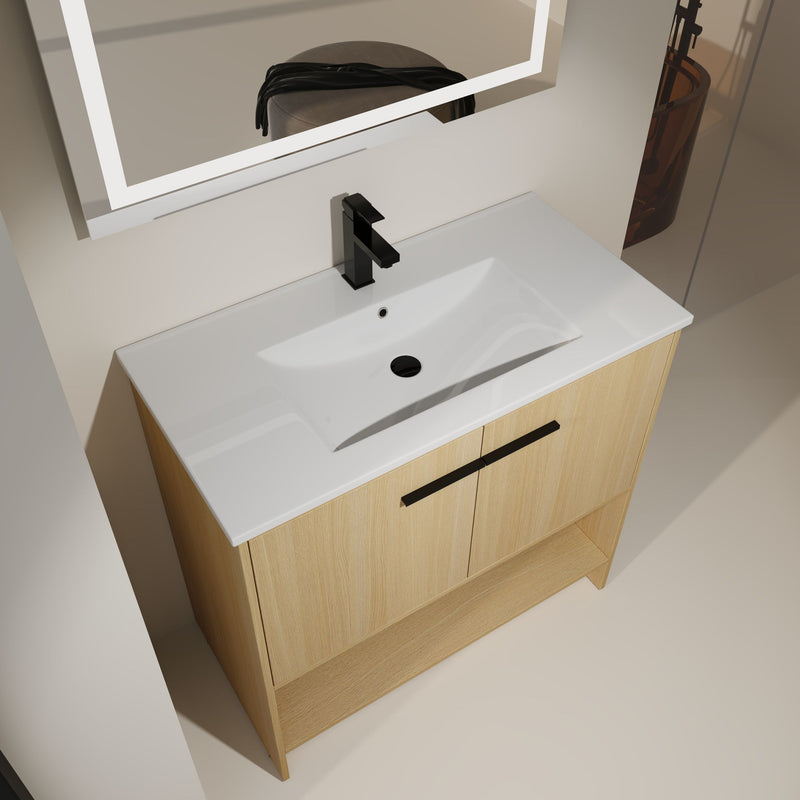 Modern Bathroom Vanity With Ceramic Sink, Freestanding Cabinet, Soft Closing Doors