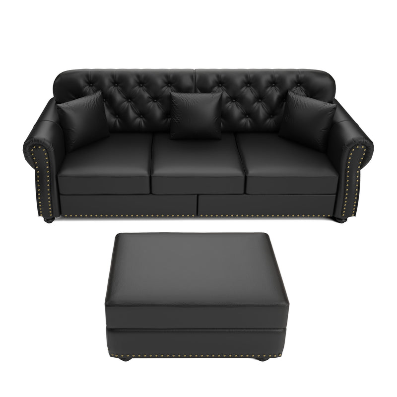 Upholstered Sofa With Nailhead Trim, Rolled Armrests With Ottoman