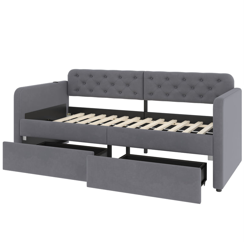 Twin Size Upholstered Daybed With 2 Storage Drawers And USB Charging Design - Gray