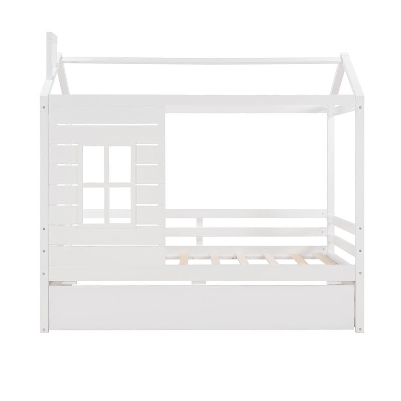 Twin Size Classic House Bed With Twin Size Trundle - White