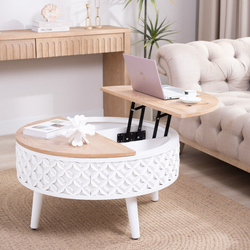 Round Coffee Table With Storage - White / Light Oak
