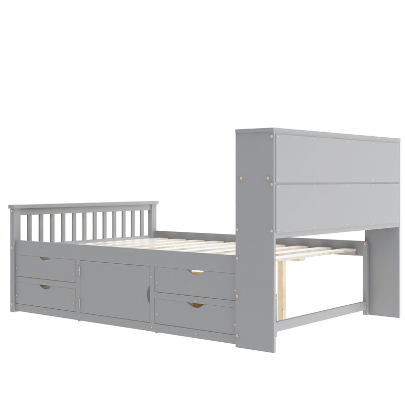 Captain Platform Bed Frame With Bookcase Headboard, 4 Drawers, Storage Shelves