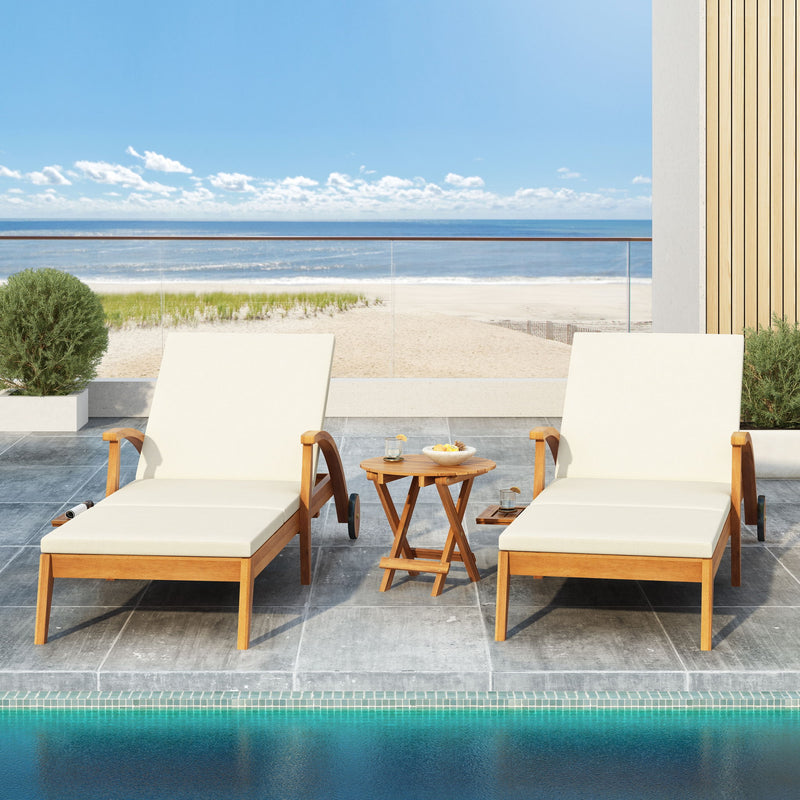 Versatile Chaise Lounge With Wheels Acacia Wood Recliner For Patio - Cream
