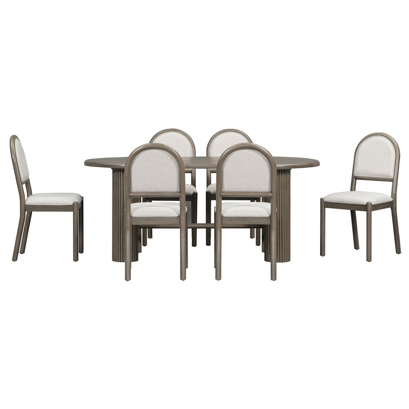 Oval Dining Table Set For 6 With Fluted Pedestal Base, 7 Piece Set Including 6 Upholstered Chairs