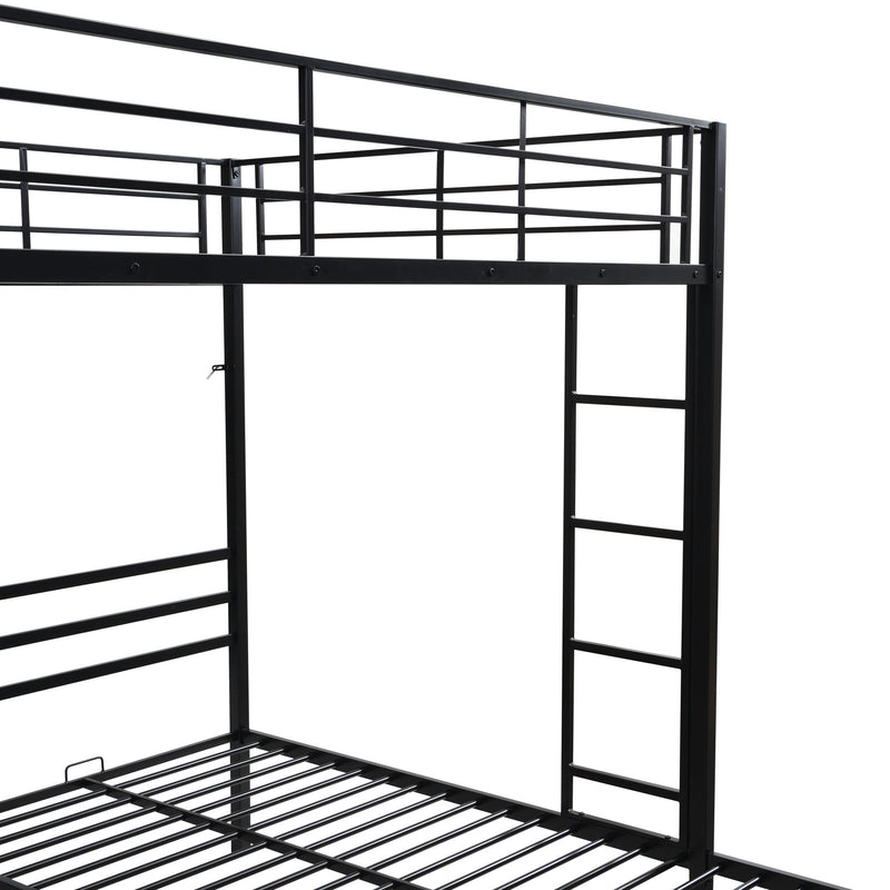 Modern Metal Triple Bunk Bed With Vertical Ladder, Safety Rail, And Storage Shelf - Black