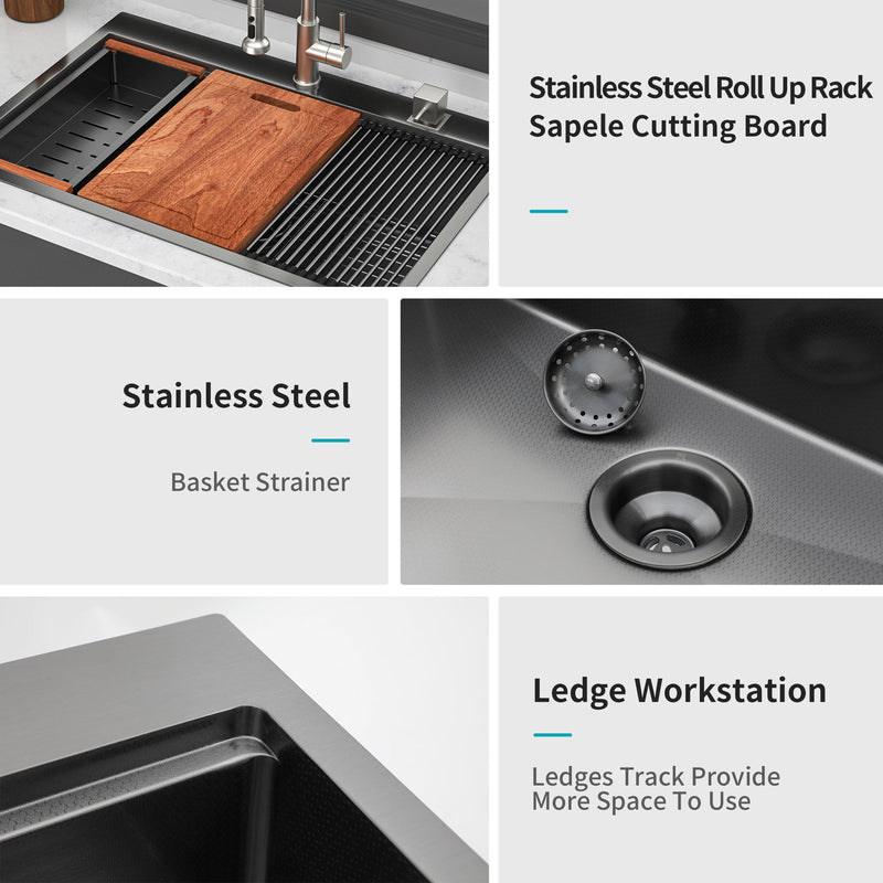 33" Drop In Kitchen Sink With Ledge Workstation, 16 Gauge Stainless Steel - Gunmetal Black