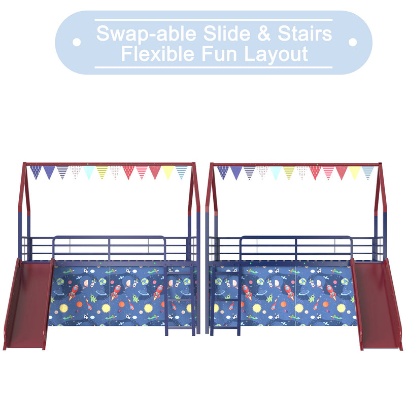 Jack - House Loft Bed With Slide And Curtain Set