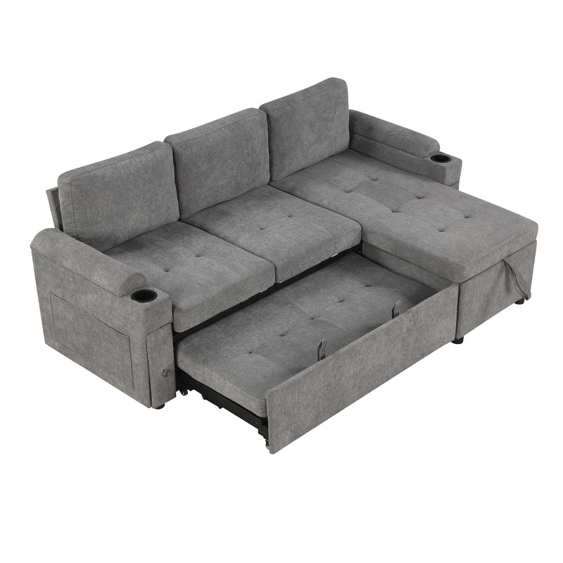 Convertible L Shaped Sofa Couch With Storage, Cup Holders, USB Ports