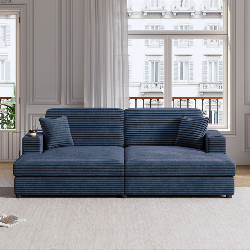 Oversized Loveseat Chaise With 2 USB Ports, 2 Cup Holders And 2 Throw Pillows