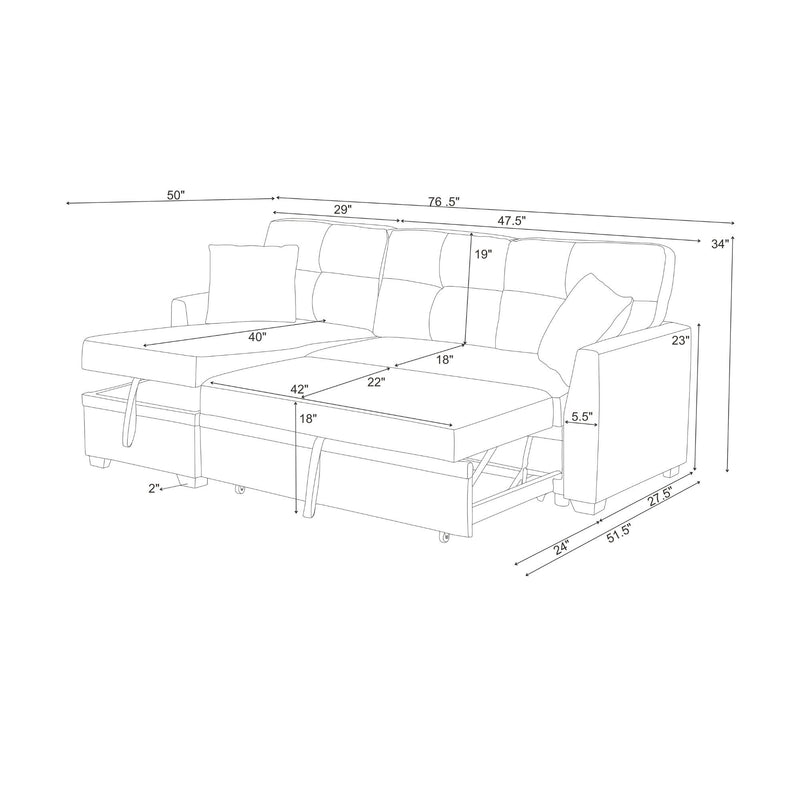 Upholstered Sectional & Pull Out Bed And Chaise Storage - Almond