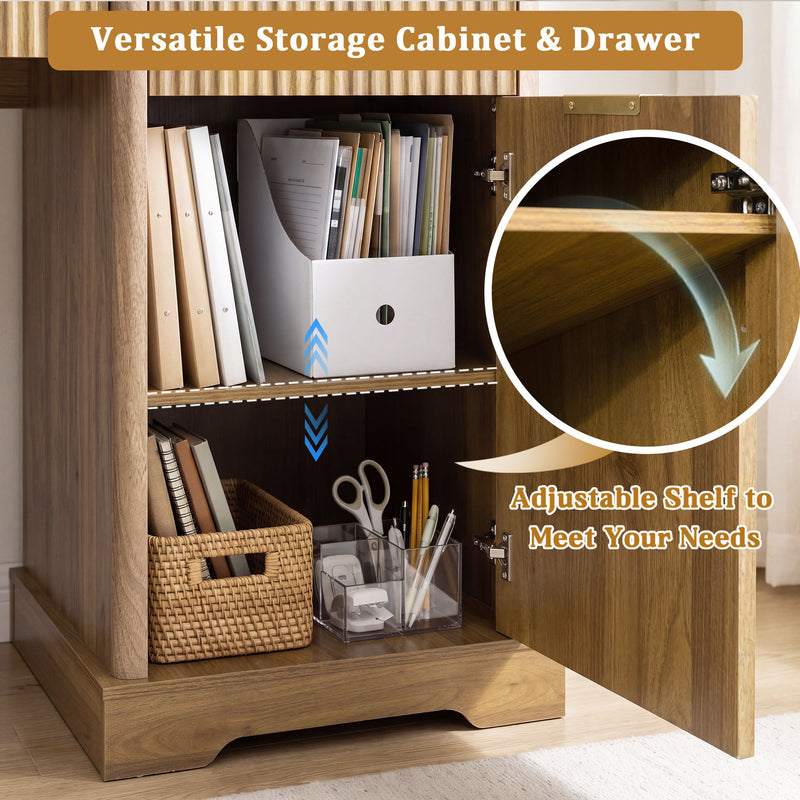 Modern Fluted Office Desk With Storage Cabinet