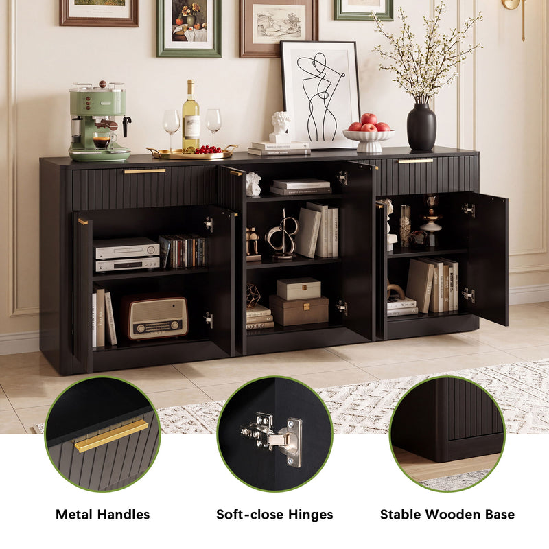 Large Fluted Buffet Sideboard, Wine Bar Storage Cabinet With 6 Doors & 2 Drawers