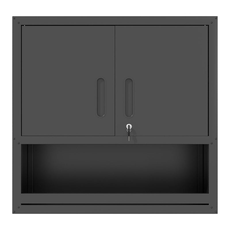 Wall-Mounted Storage Cabinet With Locking Door, 1 Shelf And Open Drawer - Black