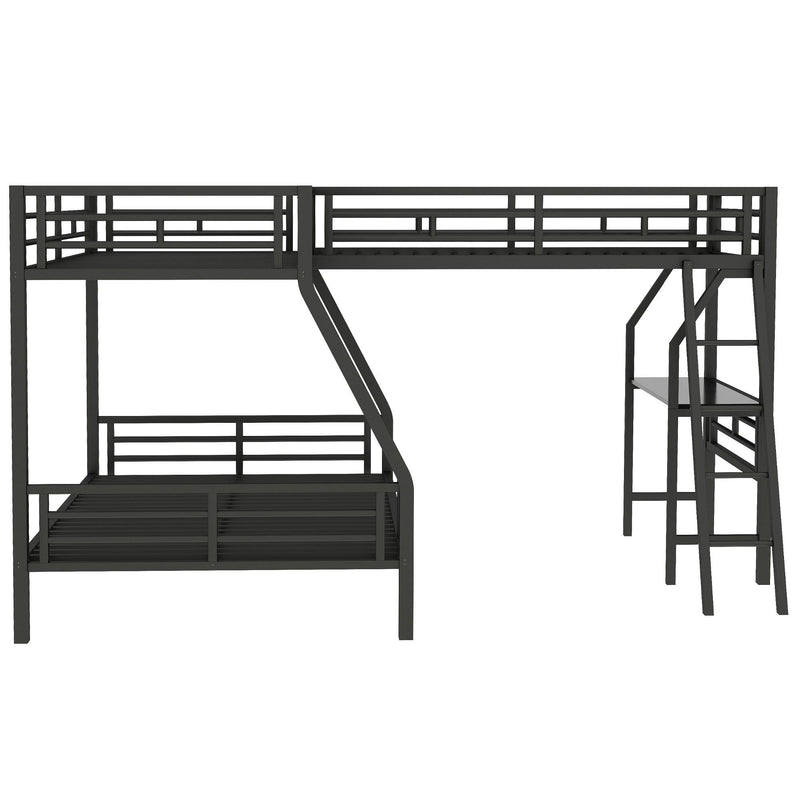 Twin Over Full Bunk Bed With Loft And Desk, L-Shaped Design For 3 Sleepers - Black