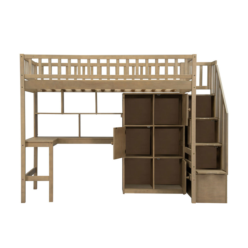 Loft Bed With Built In L Shaped Desk, LED Lights, Storage Shelves, Cabinets, And Staircase