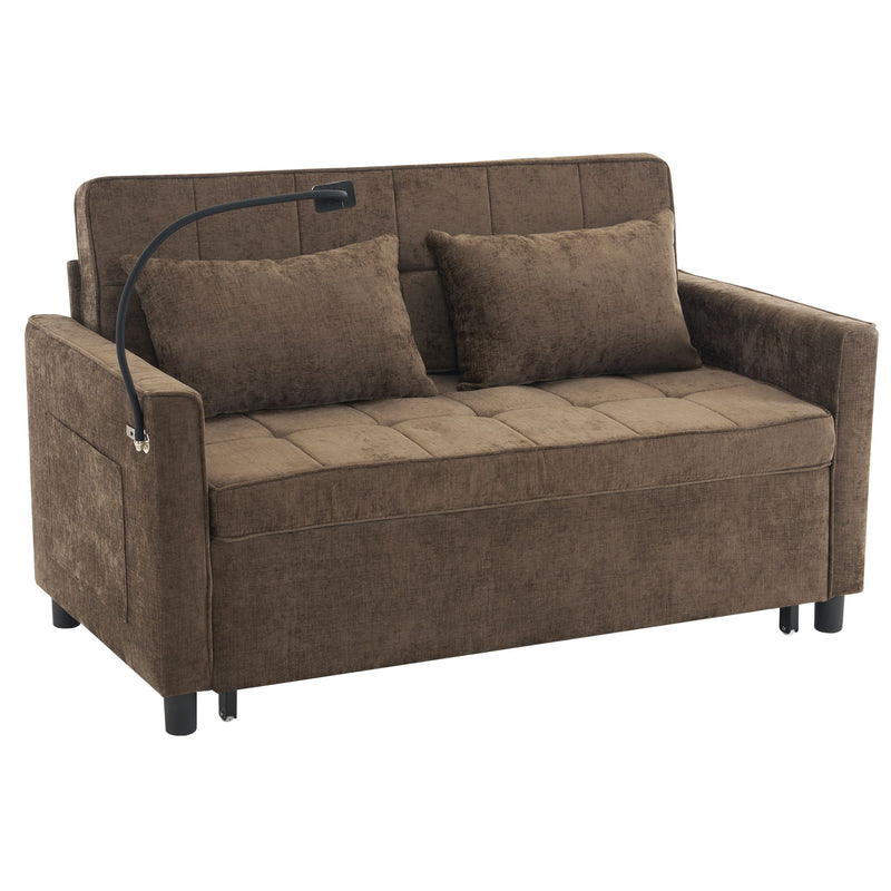 Pull-Out Sleeper Sofa With Reversible Backrest Cushion, Side Pockets, 2 USB Ports And A Phone Holder For Living Room
