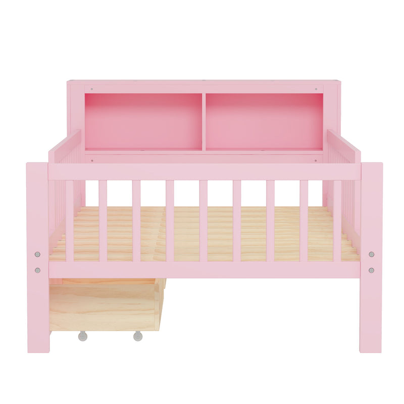 Bed With Headboard Storage Rack, 2 Under Bed Drawers, 3 Side Guardrails For Safety