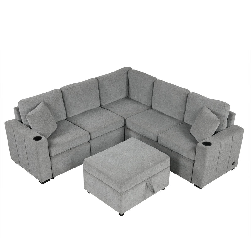 Sectional Sofa Convertible Pull-Out Sofa Bed With A Movable Storage Ottoman For Living Room