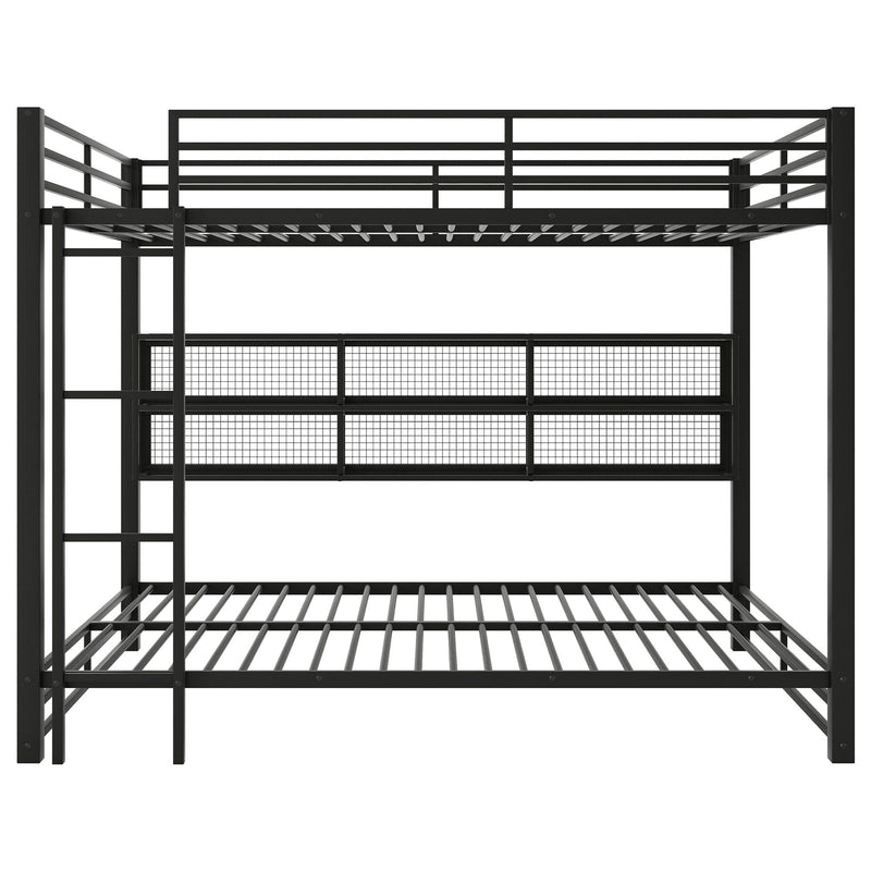Queen Over Queen Bunk Bed With Storage Cabinets And LED Sturdy Frame, 6 Storage Units, Adjustable LED Lights - Black