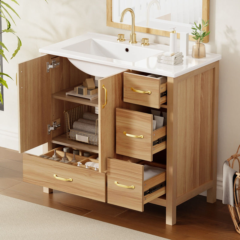 36" Bathroom Vanity, 2 Soft Close Doors, 4 Soft Close Drawers, Adjustable Shelf, Storage Cabinet - Acacia Wood