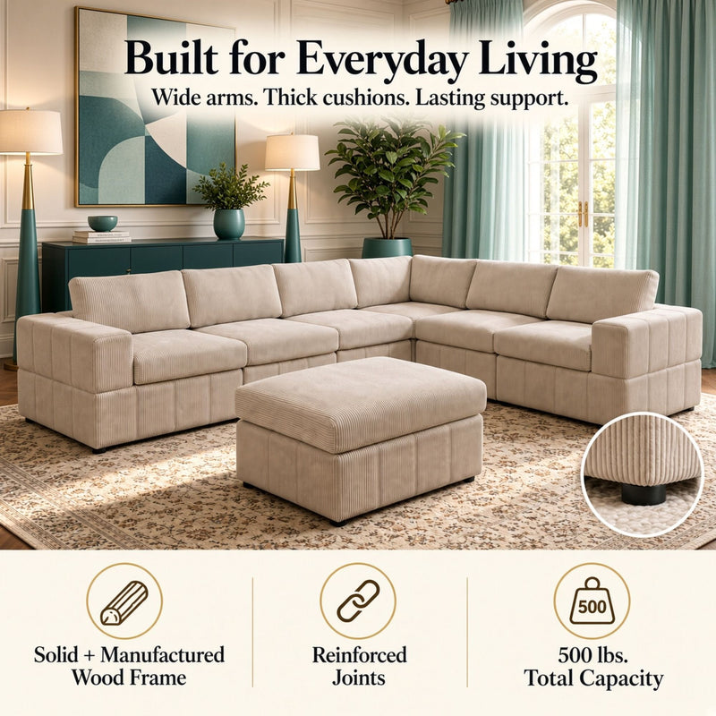 Oversized Modular Sectional Sofa, Reversible With Ottoman