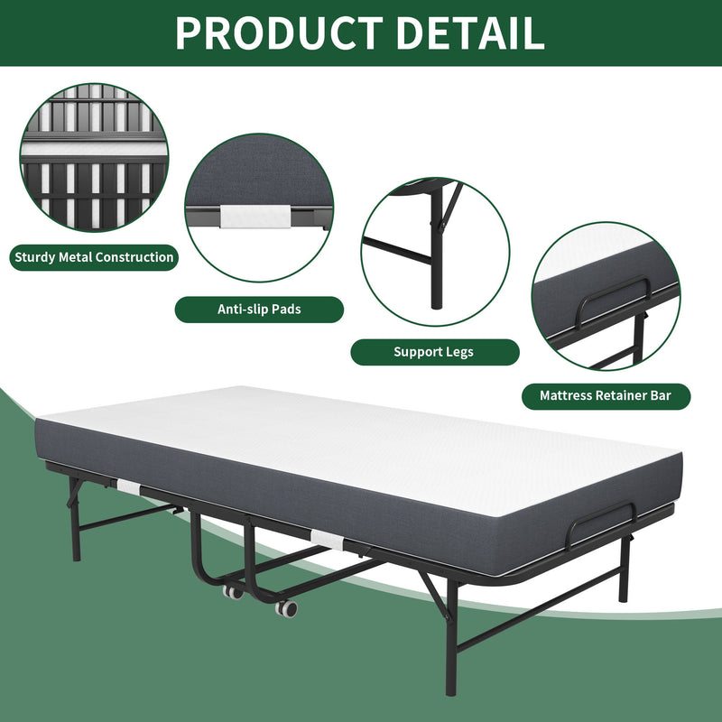 Twin Extra Long Folding Bed For Tall People, Heavy-Duty Rollaway Guest With Memory Foam Mattress - Black