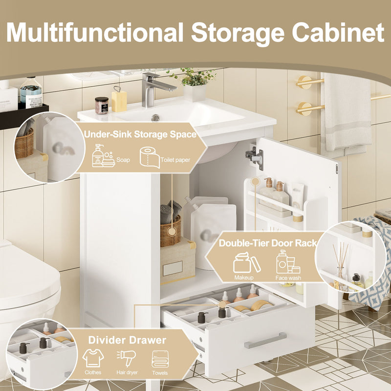 Bathroom Vanity With Ceramic Sink, Soft Close Drawers, Door Organizer, Divider Drawer, Adjustable Foot Pads