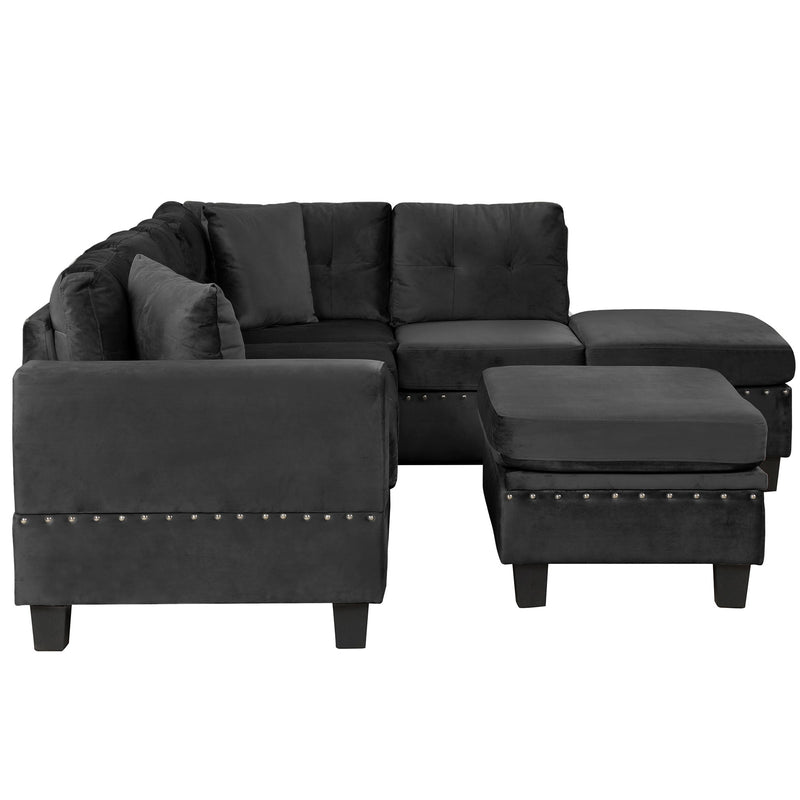 Modern Sectional Sofa With Storage Ottoman, L - Shape Couch With 2 Pillows And Cup Holders